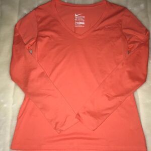 The Nike Tee Women's Dri-fit Active Long Sleeve V-neck Orange Shirt Size M